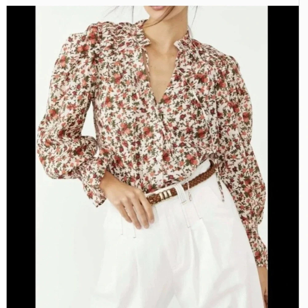 Free People Meant To Be Floral Roses Cotton Poet Blouse Statement Sleeves‎ Small